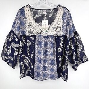Bila Boho Peasant Top Blue White Crochet Lace Sz XL Bell Sleeve NEW Rayon Blouse
